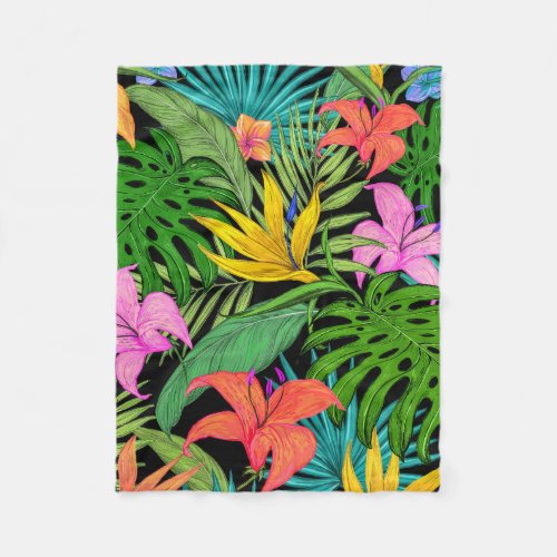 Elegant Colorful Summer Tropical Floral Leaves   Fleece Blanket