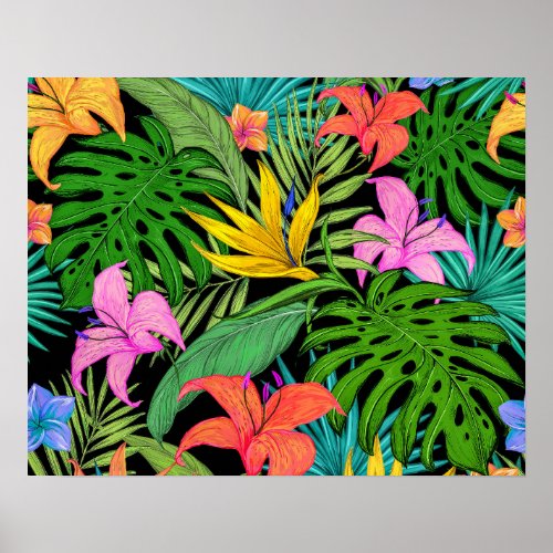 Elegant Colorful Summer Tropical Floral Leaves   Poster
