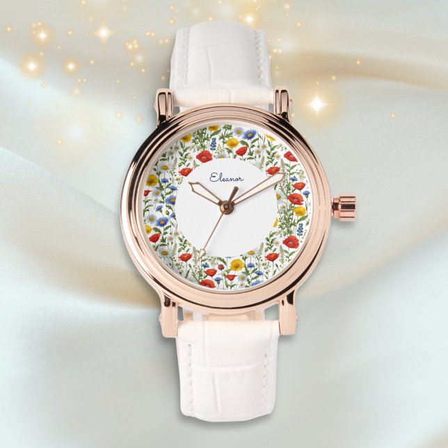 Elegant Colorful Summer Wildflowers Floral Round Watch (A beautiful wristwatch patterned with a colorful wildflowers design, personalized with a name)