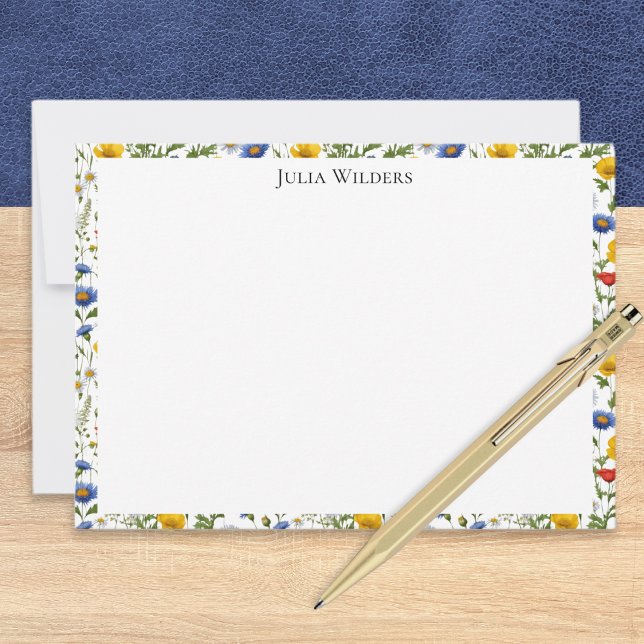 Elegant Colorful Summer Wildflowers Personalized Note Card (An elegant personalized, note card, with colorful wildflowers border design)