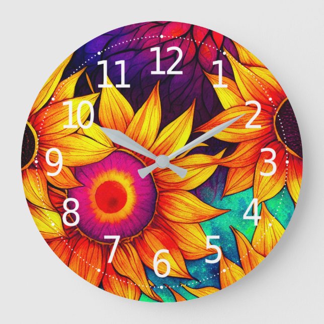 Elegant Colorful Sunflower Flower Power Artwork |  Large Clock (Front)