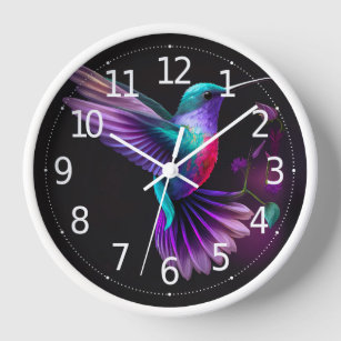 Elegant Colorful Teal Purple Hummingbird Artwork   Clock