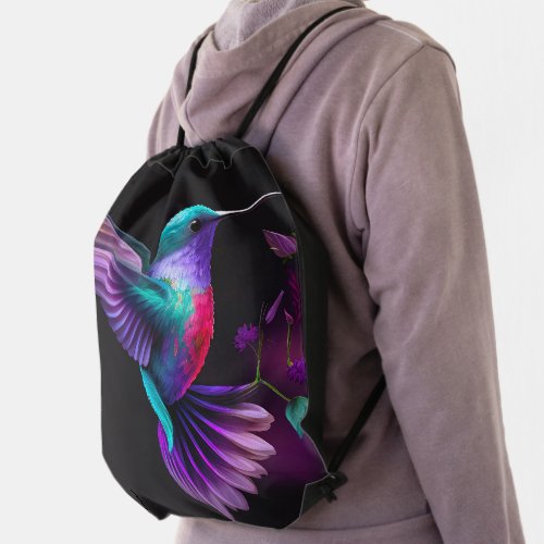 Elegant Colorful Teal Purple Hummingbird Artwork  Drawstring Bag
