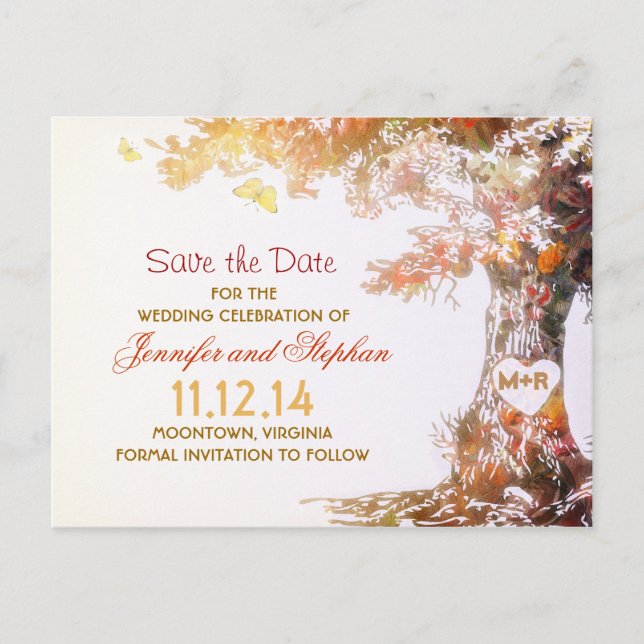 elegant colorful tree save the date postcards (Front)