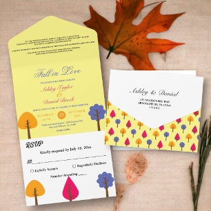 Elegant Colorful Trees Fall in Love Rustic Wedding All In One Invitation