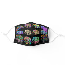 Elegant Colorful Tribal Elephants on Black Ground Adult Cloth Face Mask