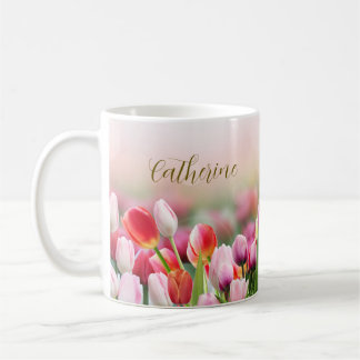 Elegant Colorful Tulip Florals Custom Name  Coffee Mug