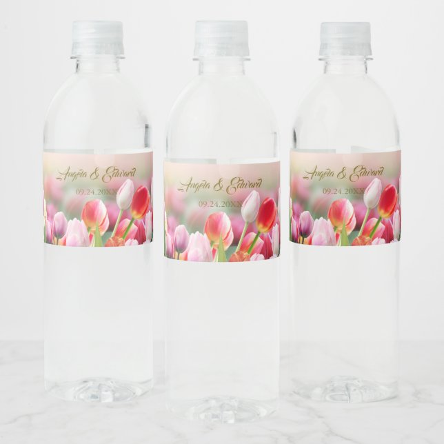Elegant Colorful Tulip Florals Wedding Water Bottle Label (Bottles)
