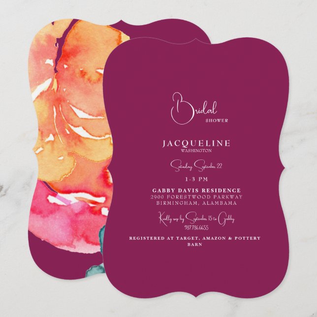 Elegant Colorful Watercolor Bridal Shower  Invitation (Front/Back)