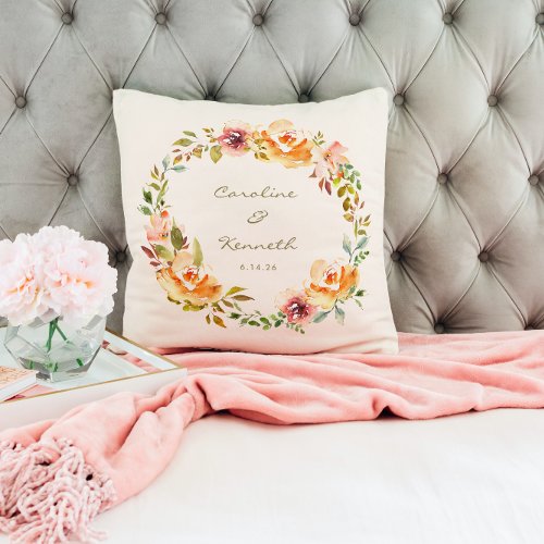 Elegant Colorful Watercolor Floral Wedding Names Throw Pillow