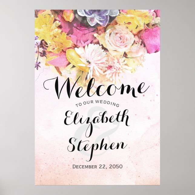 Elegant Colorful Watercolor Flower Wedding Welcome Poster (Front)