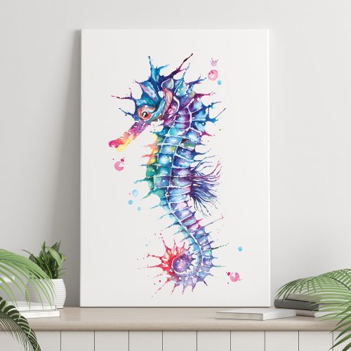 Elegant Colorful Watercolor Seahorse  Faux Canvas Print