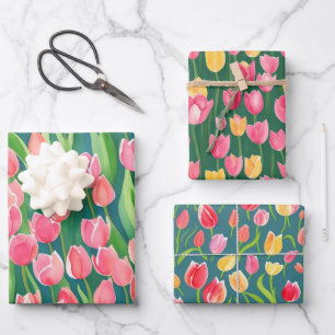 Elegant Colorful Watercolor Tulip Flowers Garden Wrapping Paper Sheets