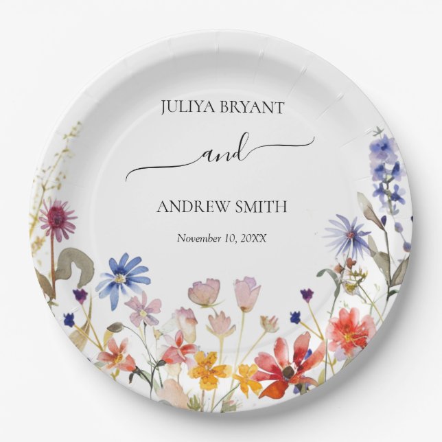 Elegant colorful wildflower engagement party paper plates (Front)