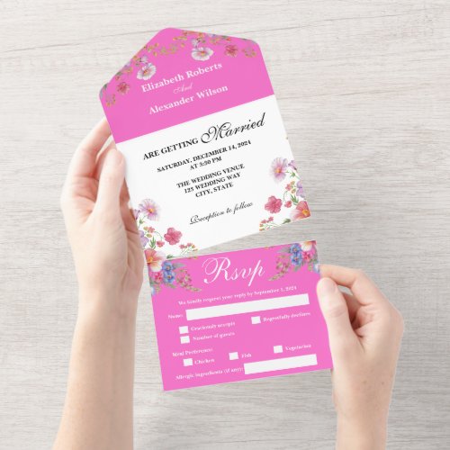 Elegant Colorful Wildflower Magenta Wedding All In One Invitation