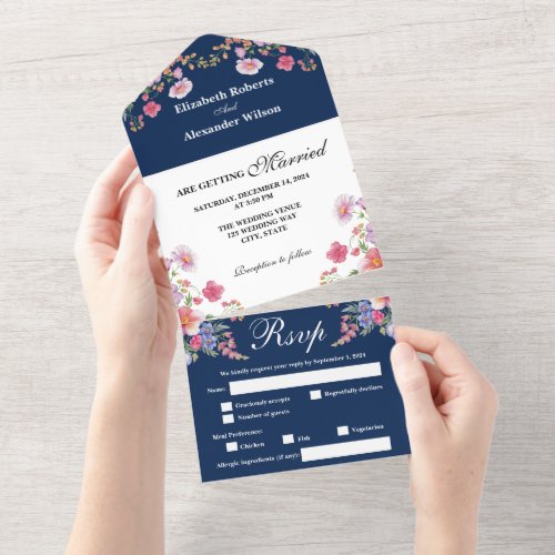 Elegant Colorful Wildflower Midnight Blue Wedding All In One Invitation