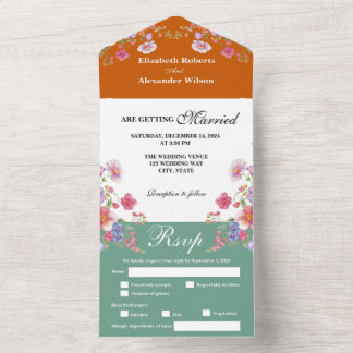 Elegant Colorful Wildflower Orange Green Wedding All In One Invitation