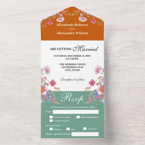 Elegant Colorful Wildflower Orange Green Wedding All In One Invitation