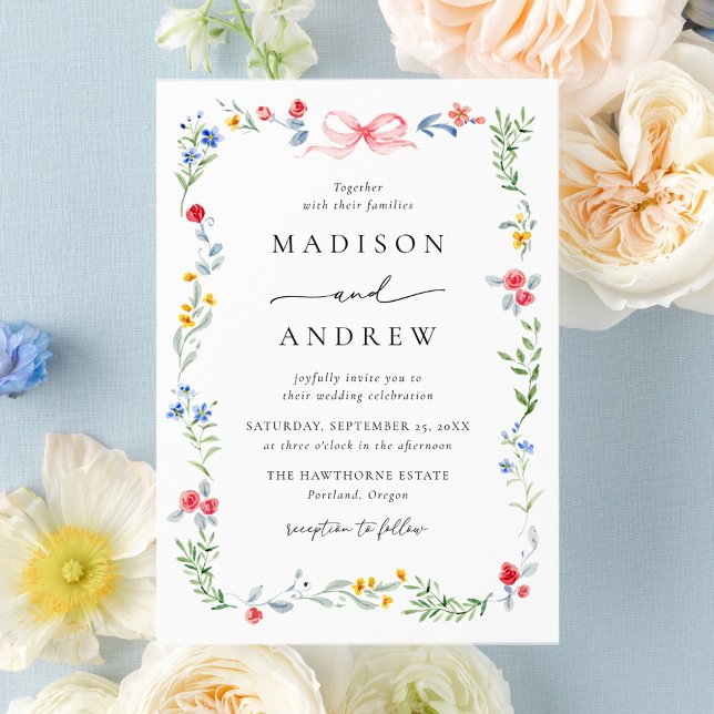 Elegant Colorful Wildflower Pink Bow Wedding Invitation (Creator Uploaded)