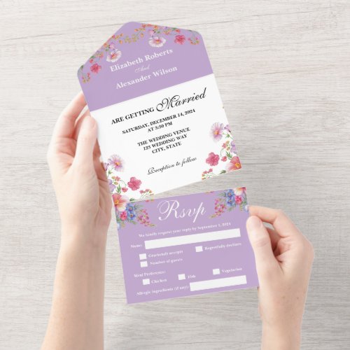 Elegant Colorful Wildflower Purple Wedding All In One Invitation