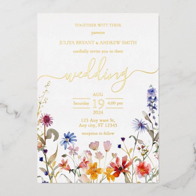 Elegant colorful wildflower wedding  foil invitation (Front)