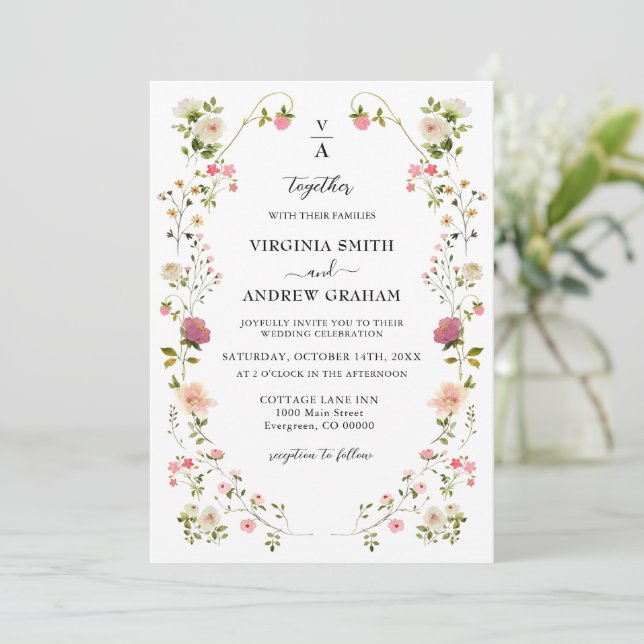 Elegant Colorful Wildflower Wedding monogram Invitation (Standing Front)
