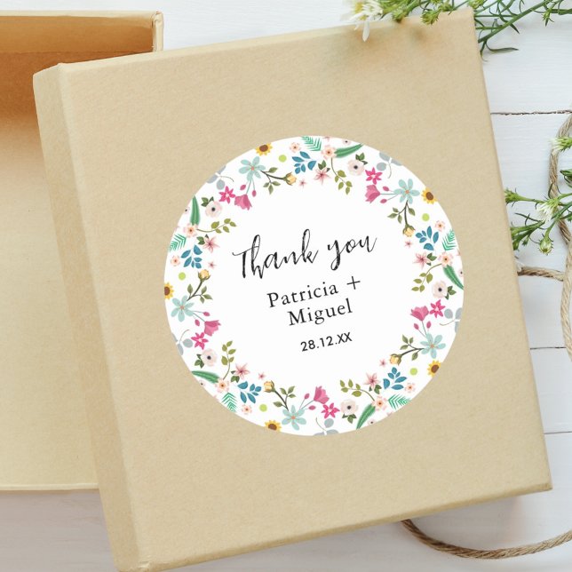 Elegant Colorful Wildflower Wedding Thank You Classic Round Sticker (Creator Uploaded)