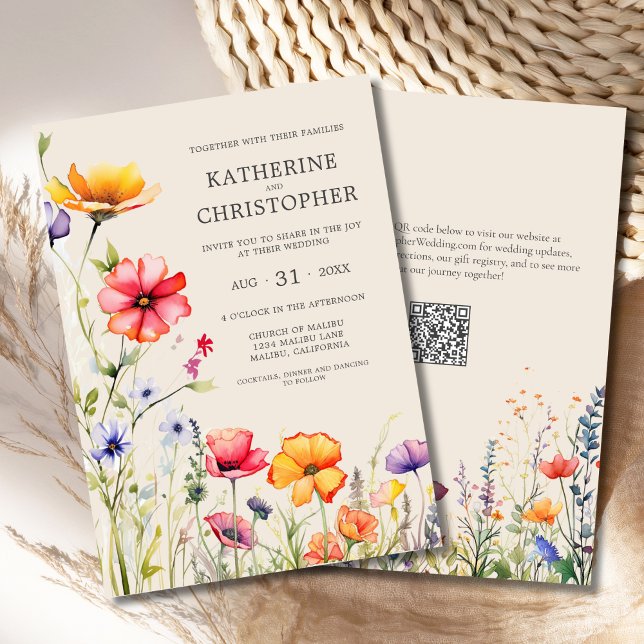 Elegant Colorful Wildflowers Beige Wedding Invitation (Elegant Colorful Wildflowers Wedding Invitation with orange, red, purple flowers, qr code.)