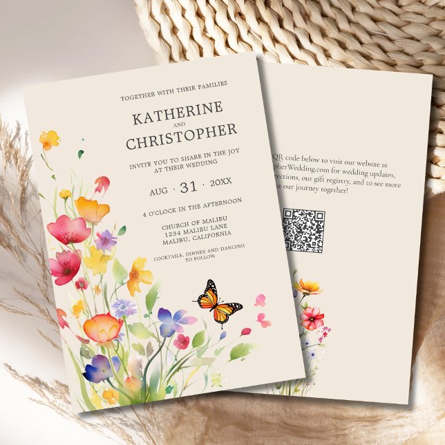 Elegant Colorful Wildflowers Beige Wedding Invitation (Colorful Watercolor Wildflowers Elegant Wedding Invitation with orange, red, purple flowers, QR code)