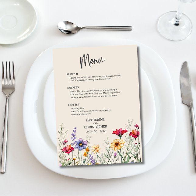 Elegant Colorful Wildflowers Beige Wedding Menu (Colorful Wildflowers Wedding Menu with purple, orange, red jewel tone flowers, menu choices.)