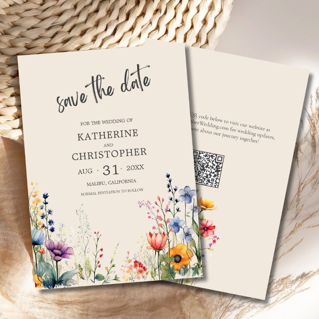 Elegant Colorful Wildflowers Beige Wedding Save The Date (Colorful Wildflowers Elegant Beige Wedding Save the Date with purple, orange, red flowers, qr code.
)