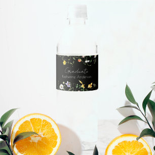 Elegant Colorful Wildflowers Black Graduate Party Water Bottle Label