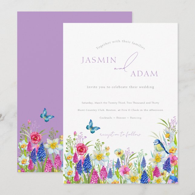 Elegant Colorful Wildflowers Butterflies Wedding Invitation (Front/Back)