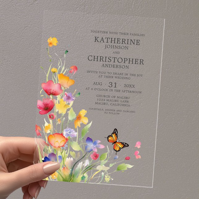 Elegant Colorful Wildflowers Butterfly Wedding Acrylic Invitations (Elegant Colorful Wildflowers Butterfly Wedding Clear Acrylic Invitation with Couple Names in Gray.)
