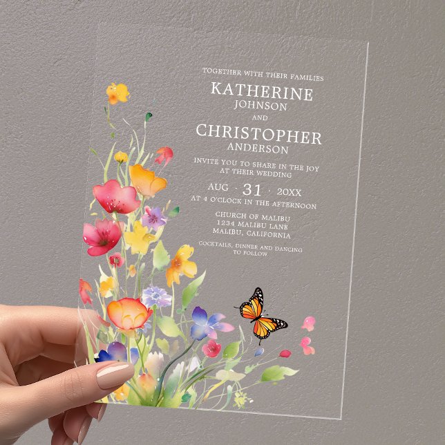 Elegant Colorful Wildflowers Butterfly Wedding Acrylic Invitations (Elegant Colorful Wildflowers Butterfly Clear Acrylic Wedding Invitation with Couple First Last Names)