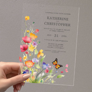Elegant Colorful Wildflowers Butterfly Wedding Acrylic Invitations