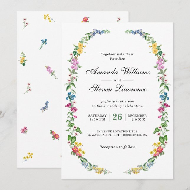 Elegant colorful wildflowers garden wedding invitation (Front/Back)
