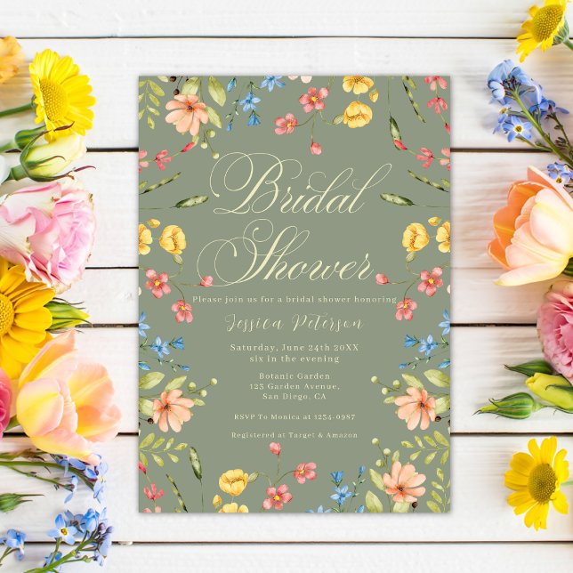 Elegant Colorful Wildflowers Sage Bridal Shower  Invitation (Creator Uploaded)
