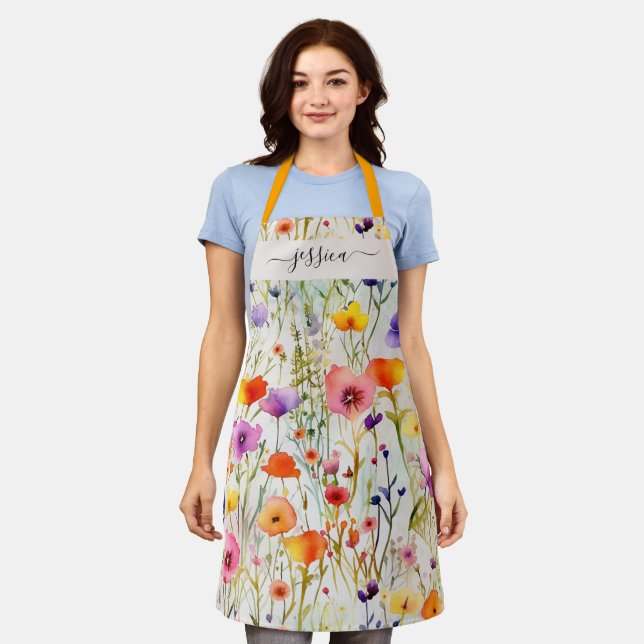 Elegant colorful wildflowers script name apron (Worn)