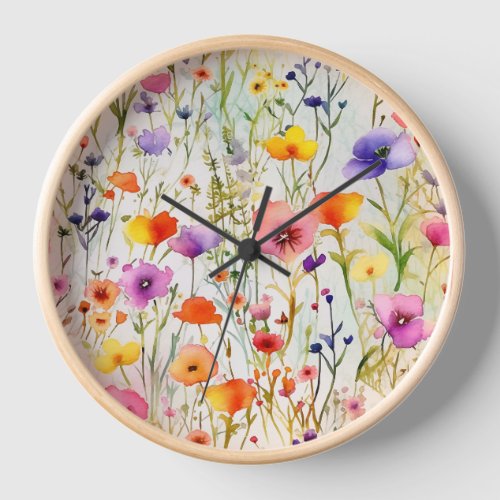 Elegant colorful wildflowers watercolor clock