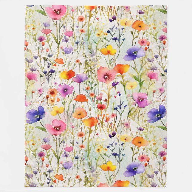 Elegant colorful wildflowers watercolor fleece blanket (Front)