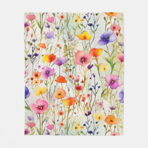 Elegant colorful wildflowers watercolor fleece blanket