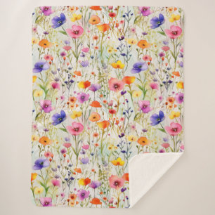 Elegant colorful wildflowers watercolor sherpa blanket