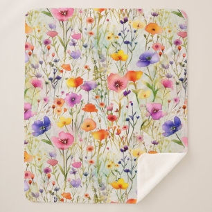 Elegant colorful wildflowers watercolor sherpa blanket