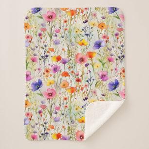 Elegant colorful wildflowers watercolor sherpa blanket