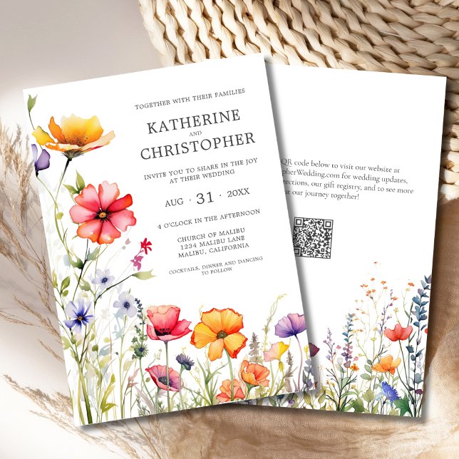 Elegant Colorful Wildflowers Wedding Invitation (Elegant Colorful Wildflowers Wedding Invitation with QR Code, Pink, Orange, Purple Flowers.
)