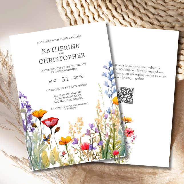 Elegant Colorful Wildflowers Wedding Invitation (Elegant Colorful Wildflowers Wedding Invitation with QR Code, Orange, Red, Purple Flowers.)