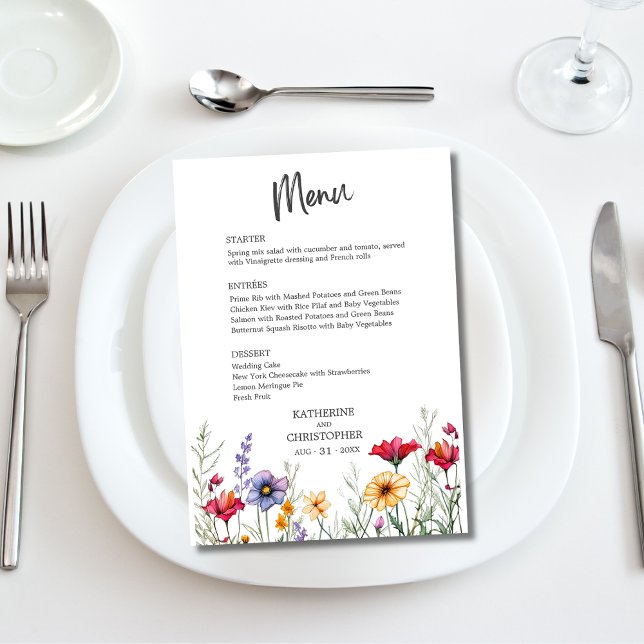 Elegant Colorful Wildflowers Wedding Menu (Elegant Colorful Watercolor Wildflowers Wedding Menu with Menu Options, Pink Purple Yellow Flowers.)