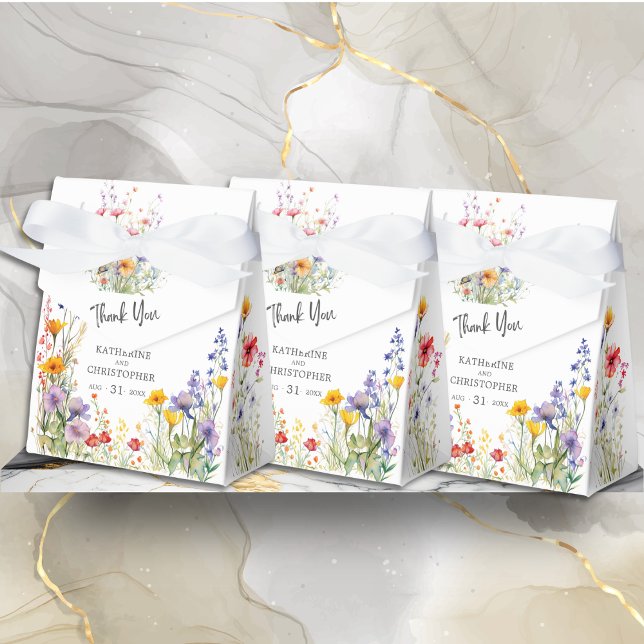 Elegant Colorful Wildflowers Wedding Thank You Favor Boxes (Elegant Colorful Wildflowers Wedding Thank You Favor Bow Box with Couple's Names, Date.)