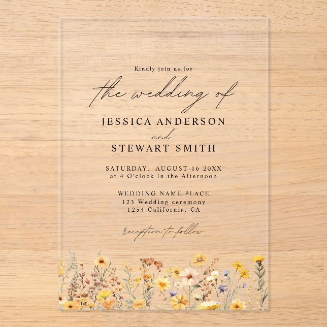 Elegant Colorful Yellow Wildflowers Wedding Acrylic Invitations (Front)